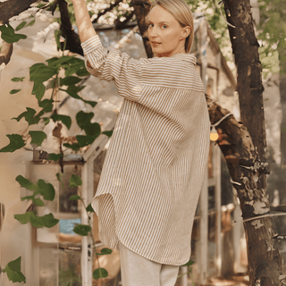 Leinenbluse Damen Rondo, Bronze White Stripes - Linen Tales Leinenbluse Damen Rondo, Bronze White Stripes - Linen Tales