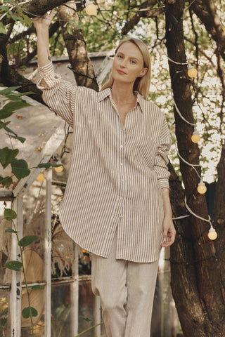 Leinenbluse Damen Rondo, Bronze White Stripes - Linen Tales Leinenbluse Damen Rondo, Bronze White Stripes - Linen Tales