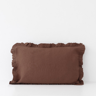 Leinen-Kopfkissenbezug mit Rüschen, Chocolate 