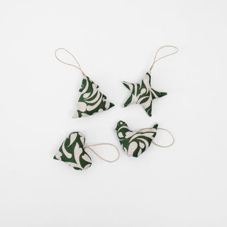 Leinen-Weihnachtsbaumschmuck im 4er-Set, Evergreen Damask 1