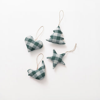 Leinen-Weihnachtsbaumschmuck im 4er-Set, Forest Green Gingham 1