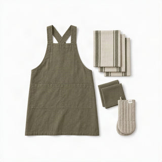 Leinen-Schürze Crossback, Martini Olive_Leinen-Geschirrtuch, Vintage Green Stripe_Leinen-Servietten im 2er-Set, Martini Olive_Ofenhandschuh aus Leinen, Natural 