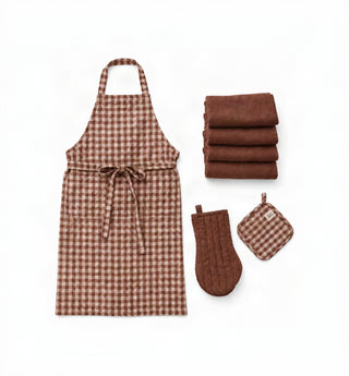 Leinen-Schürze Daily, Chocolate Gingham_Ofenhandschuh aus Leinen, Chocolate_Leinen-Geschirrtuch, Chocolate_Topflappen aus Leinen, Chocolate Gingham 