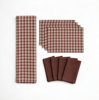 Leinen-Tischläufer, Chocolate Gingham_Leinen-Tischset, Chocolate Gingham_Leinen-Servietten im 2er-Set, Chocolate 