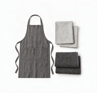 Leinenschürze Daily, Stone + Leinen-Geschirrtuch, Thin Black Stripes + Leinen und Baumwolle aus Waffelpiqué-Badetuch, Dark Grey 
