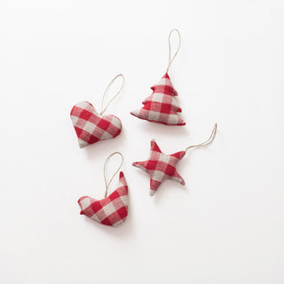 Leinen-Weihnachtsbaumschmuck im 4er-Set, Red Gingham 1