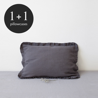 Leinen-Kopfkissenbezug mit Rüschen, Dark Grey 