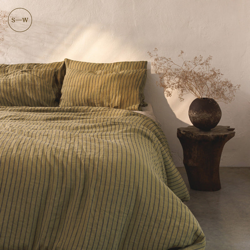Green Blue Stripe Linen Duvet Cover Set - Linen Tales