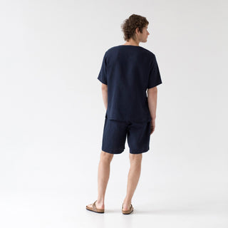 Bilberry Blue Farbe Leinen Fern-Pyjama-Set für Männer von der Rückseite 